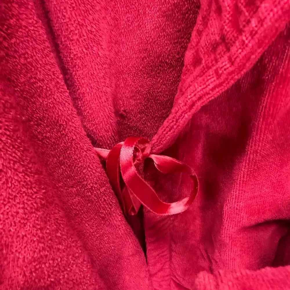 Laura Ashley Womens Plush Terry Bath Robe One Size Dark Red 100% Cotton